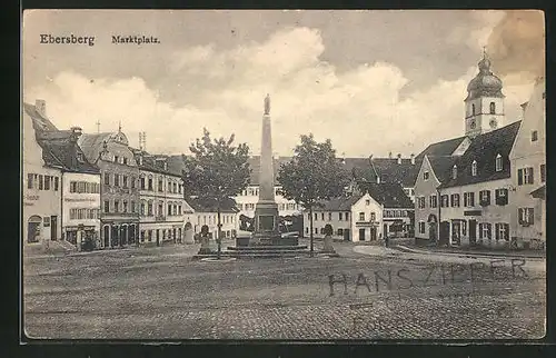 AK Ebersberg, Marktplatz mit Brunnen und Ladengeschäft