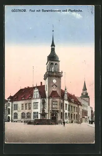 AK Güstrow, Post mit Borwinbrunnen und Pfarrkirche