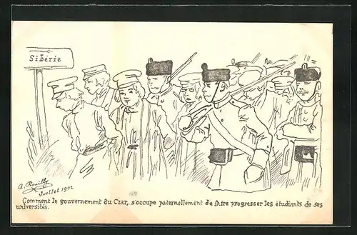 Künstler-AK sign. A. Rouilly: Comment le gouvernement du Czar..., Soldaten mit gefangenen Studenten, Russland 1902