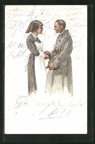 Künstler-AK sign. K.W. Boehmer: Soldat mit Schwester vom Roten Kreuz