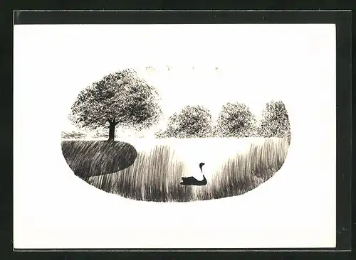 Künstler-AK Handgemalt: Ente im See mit Bäumen am Ufer