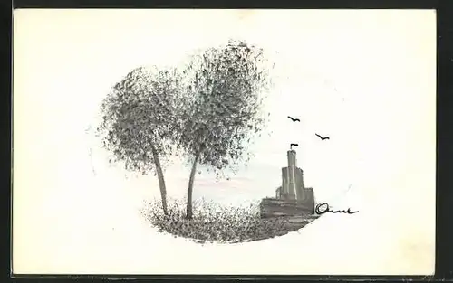 Künstler-AK Handgemalt: Bäume und Vögel über der Burg