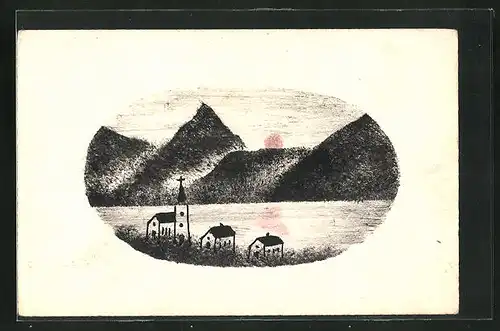 Künstler-AK Handgemalt: Ortsansicht am Wasser mit Bergen
