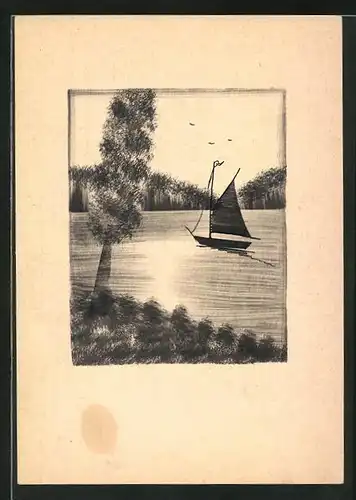 Künstler-AK Handgemalt: kleines Segelboot auf einem See