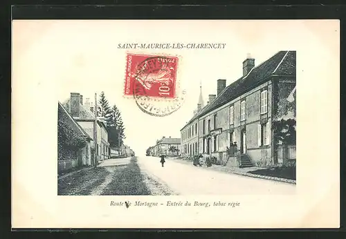 Präge-AK Saint-Maurice-lès-Charencey, Route de Mortagne, Entrée du Bourg, Tabac régie