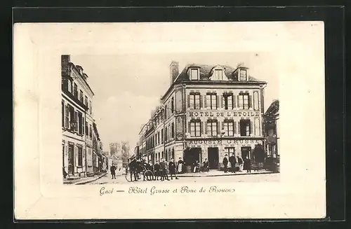Präge-AK Gacé, Hôtel Grusse et Rue de Rouen