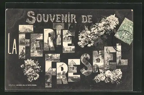AK La Ferté-Fresnel, Schriftzug als Fotomontage mit Kirche, Innenansicht und Frau