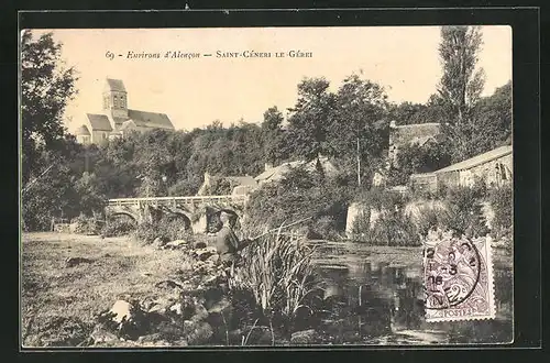 AK Saint-Céneri-le-Gérei, Knabe angelt an einem Fluss