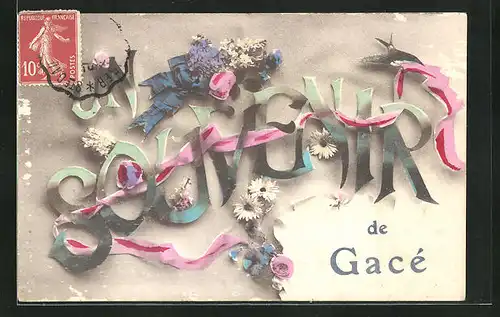 AK Gacé, Un Souvenir mit Blumen und Schleifenband