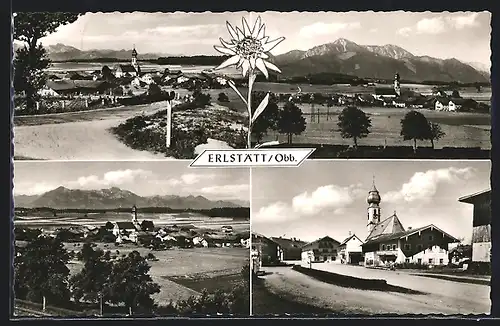 AK Erlstätt /Obb., Strassenpartie mit Kirche, Panorama