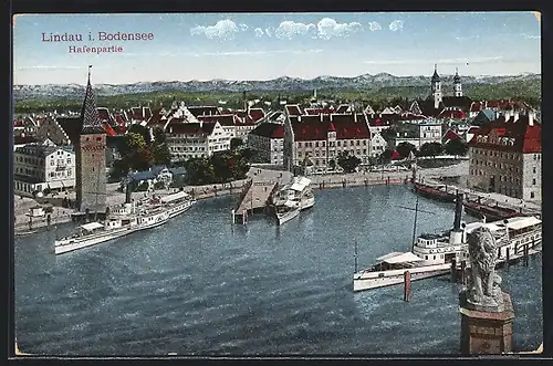 AK Lindau im Bodensee, Hafenpartie mit Dampfern