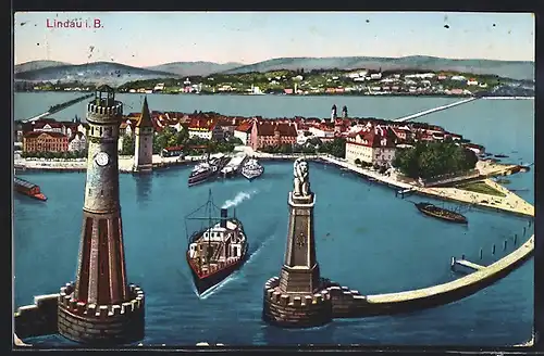 AK Lindau i. B., Dampfer vor dem Hafen, Leuchtturm, Löwenstatue