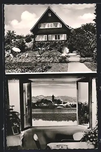 AK Nonnenhorn /B., Pension Haus Amann, Wasserburger-Bucht 119 1/2, Blick durch das Fenster