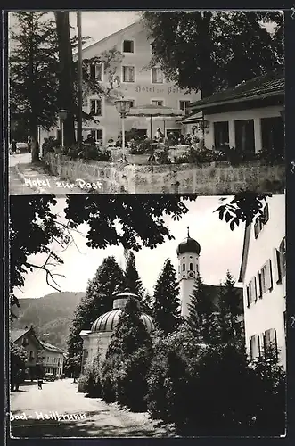 AK Bad-Heilbrunn, Hotel zur Post, Strassenpartie mit Kirche