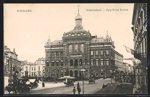 AK Warschau-Warszawa, Stadtverkehr am Gymnasium, jetzt Deutsches Soldatenheim