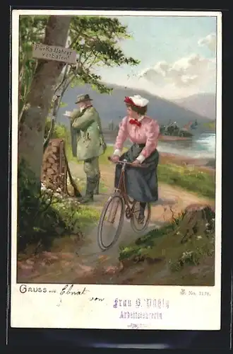 Lithographie Frau auf dem Fahrrad blickt Mann hinterher