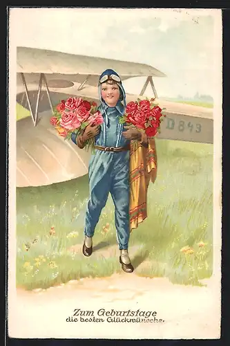 Künstler-AK Pilot vor seinem Flugzeug mit Blumensträussen