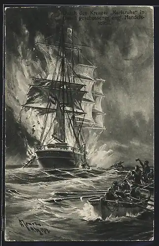 Künstler-AK Durch den Kreuzer Karlsruhe in Brand geschossenes engl. Handelsschiff, Kriegsschiff