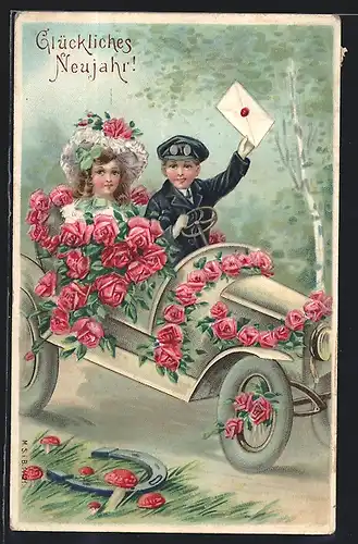 Präge-AK Fahrer eines rosengeschmückten Auto mit Brief in der Hand