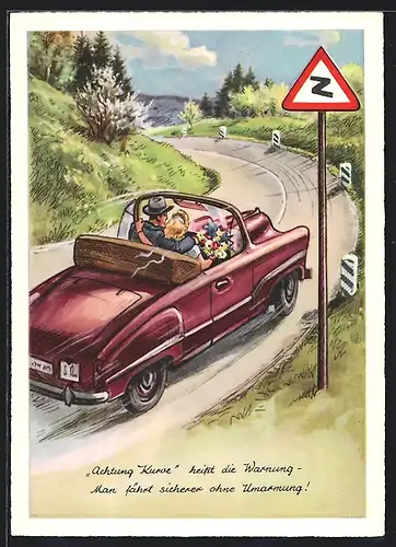 Künstler-AK Mann fährt in seinem Auto mit seiner Geliebten in eine scharfe Kurve