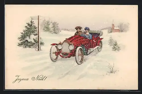 Künstler-AK Paar fährt im roten Auto durch den Schnee