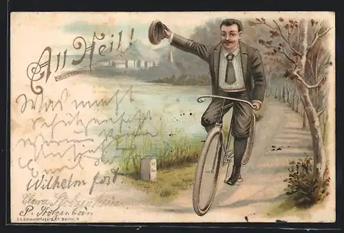 Lithographie Fahrrad 1897, Mann grüsst All Heil!