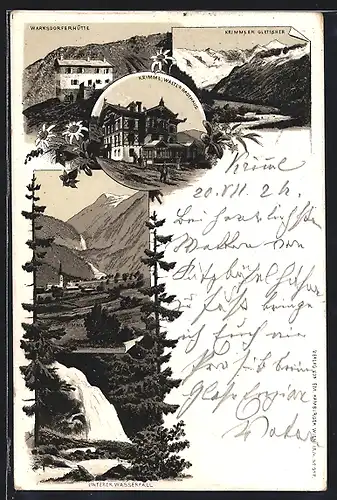 Lithographie Krimml, Waltls Gasthaus, Warnsdorferhütte, Krimmler Gletscher, Unterer Wasserfall