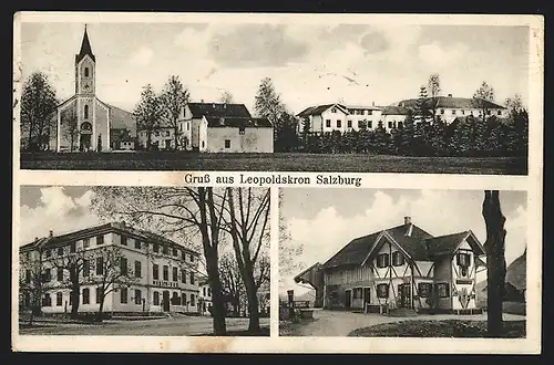 AK Leopoldskron, Marien-Bad, Gasthaus, Ortsansicht mit Kirche