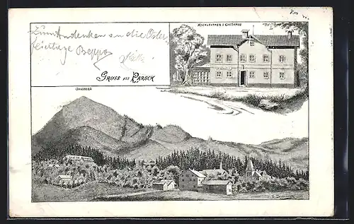 Lithographie Parsch, Hochleitners Gasthaus, Ortsansicht mit Kirche