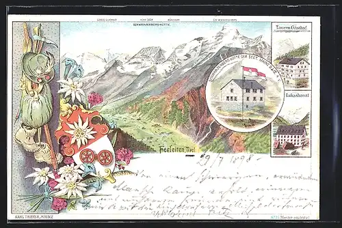 Lithographie Ferleiten, Tauern-Gasthof, Schwarzenberg-Hütte, Lukashansl