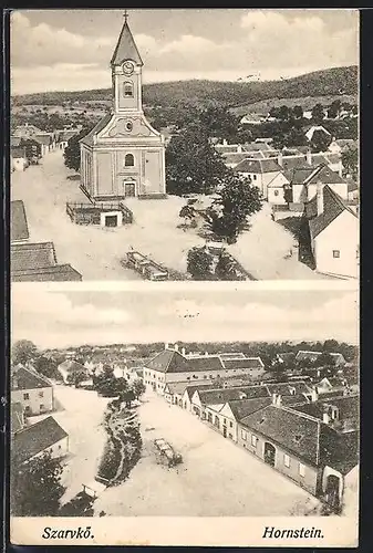 AK Hornstein / Szarkö, Kirche im Ortsbild, Strassenpartie im Zentrum