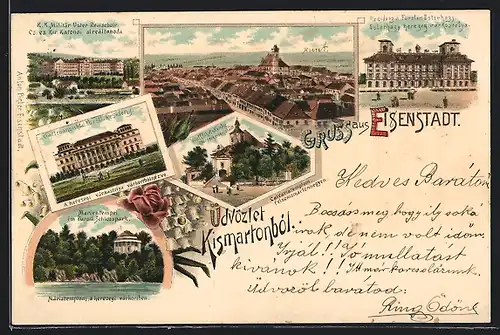 Lithographie Eisenstadt, Fürstl. Residenz, Wallfahrts-Kirche, Marientempel im Fürstl. Schlosspark