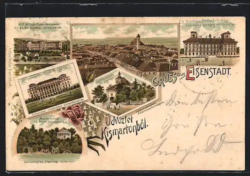 Lithographie Eisenstadt, Fürstl. Residenz, Wallfahrts-Kirche, Marientempel im Fürstl. Schlosspark