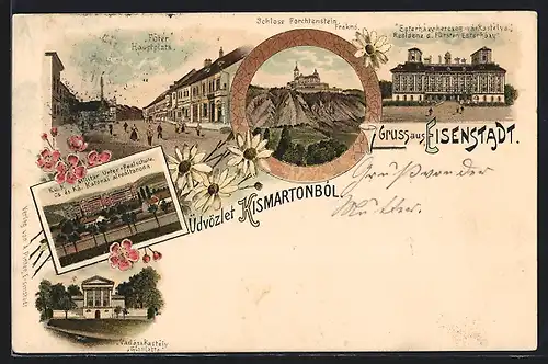 Lithographie Eisenstadt, Hauptplatz, Schloss Forchtenstein, Residenz d. Fürsten Esterhazy