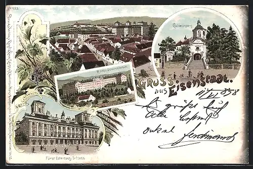 Lithographie Eisenstadt, Kalvarienberg, Fürst Esterhazy-Schloss, Militär-Unterrealschule