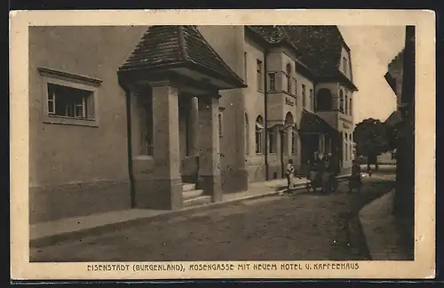 AK Eisenstadt, Rosengasse mit neuem Hotel und Kaffeehaus