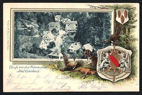 Passepartout-Lithographie Bad Griesbach /Schwarzw., Ortsansicht aus der Vogelschau, Jagdhund mit Wild, Wappen
