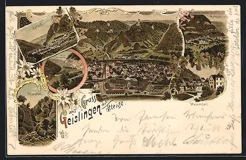 Lithographie Geislingen a. d. Steige, Rorgenstaig, Wasserfall, Alb-Übergang