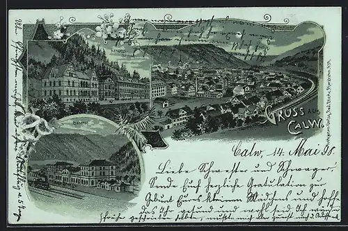 Lithographie Calw, Ortsansicht, Handelsschule, Bahnhof