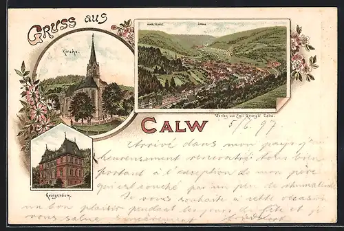 Lithographie Calw, Georgenäum, Kirche, Panoramablick auf die Ortschaft