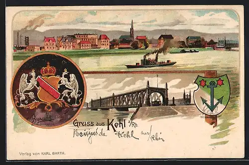 Lithographie Kehl /Rh., Ortsansicht, Rheinbrücke, Wappen