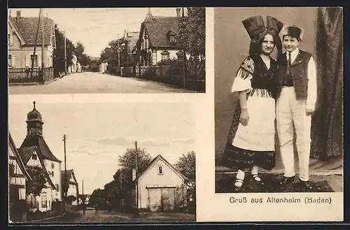 AK Altenheim, Strassenpartie, Kirche, Paar in Tracht