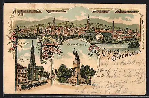Lithographie Offenburg, Kirche mit Gasthaus Rheinischer Hof, Krieger-Denkmal