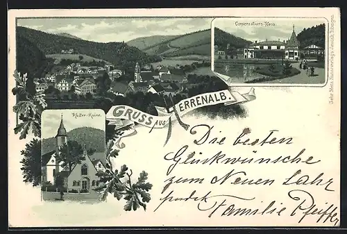 Lithographie Herrenalb, Conversationshaus, Kloster-Ruine, Ortsansicht