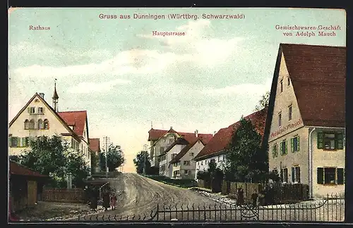 AK Dunningen /Schwarzw., Hauptstrasse mit Gemischtwaren Mauch und Rathaus