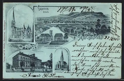 AK Spaichingen, Dreifaltigkeitskirche mit Messnerhaus, Schule, Ortsansicht