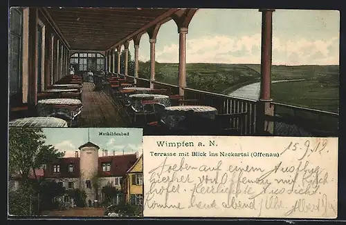 AK Wimpfen a. N., Hotel Mathildenbad, Gebäudeansicht und Terrasse mit Blick ins Neckartal (Offenau)