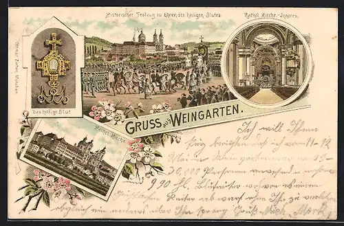 Lithographie Weingarten, Hist. Festzug zu Ehren des heiligen Blutes, Kath. Kirche, Aussen- u. Innenansicht