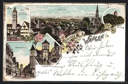 Lithographie Wangen, Herrenstrasse, Kath. Stadtpfarrkirche, ev. Kirche, Ruine Prassberg