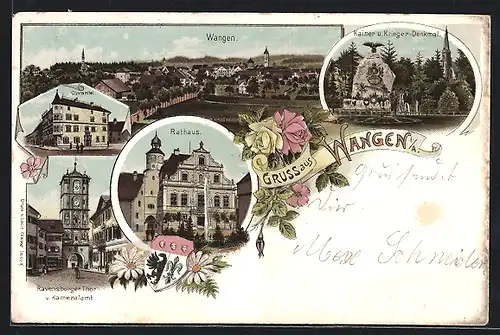 Lithographie Wangen /Allgäu, Oberamtei, Kriegerdenkmal, Rathaus, Wapen